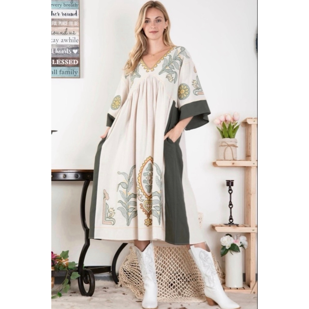Blue Velvet Boutique Deep V Neck Embroidered Linen/Cotton Dress Taupe/Olive XL